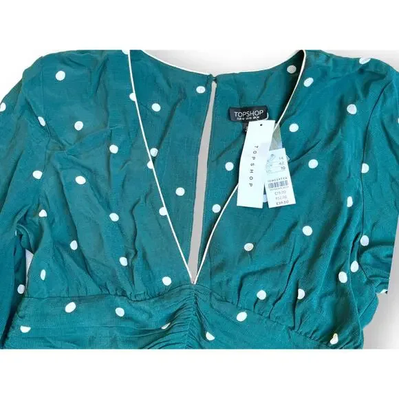 TopShop Polka Dot Rusched Mini Dress | Sz 10, Green & White | NWT $75 - Picture 4 of 12